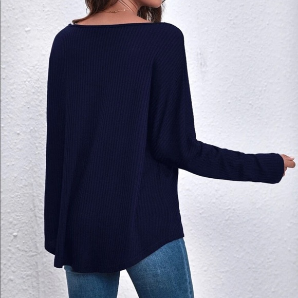 Oversized ribknit dolman long sleeve tee navy blue - Picture 3 of 8
